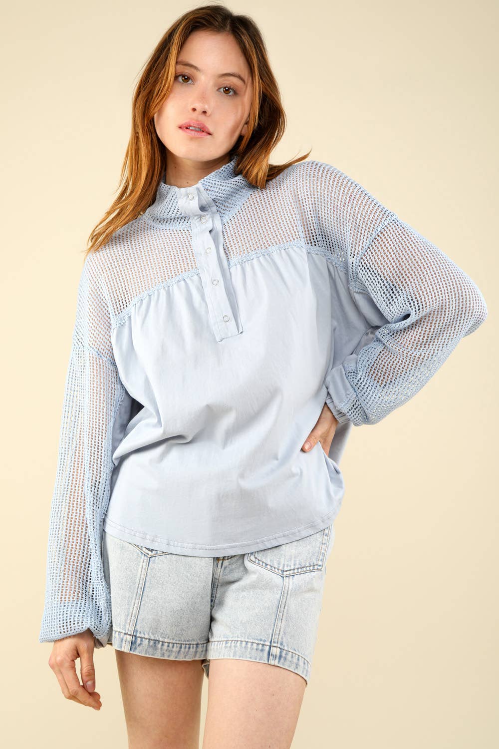 VERY J - Vente Haut en maille – femme - NT11408 - Haut en tricot Henley surdimensionné à col haut1