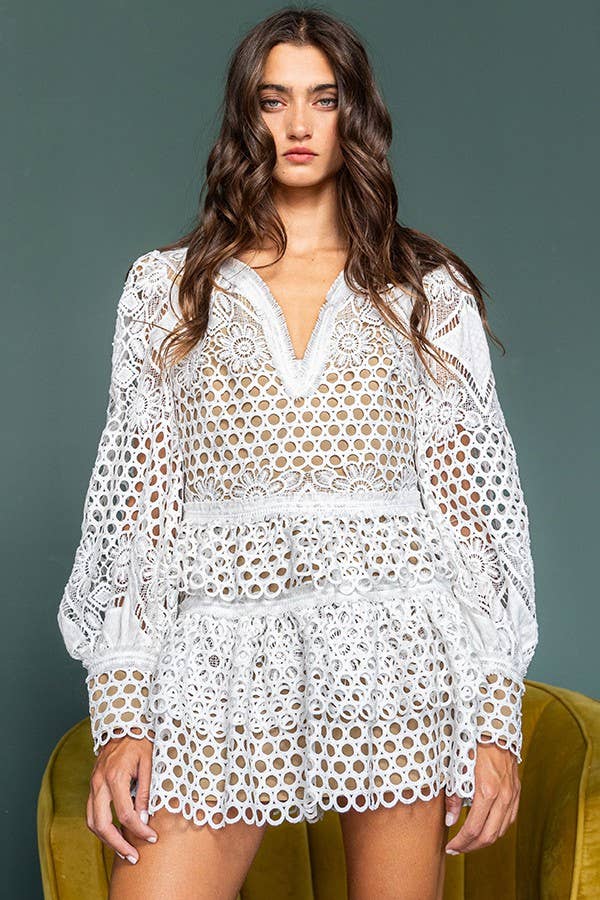 White IS5384 Hollow Out Ruffled Flare Mini Skirt With Lining for wholesale on Faire5