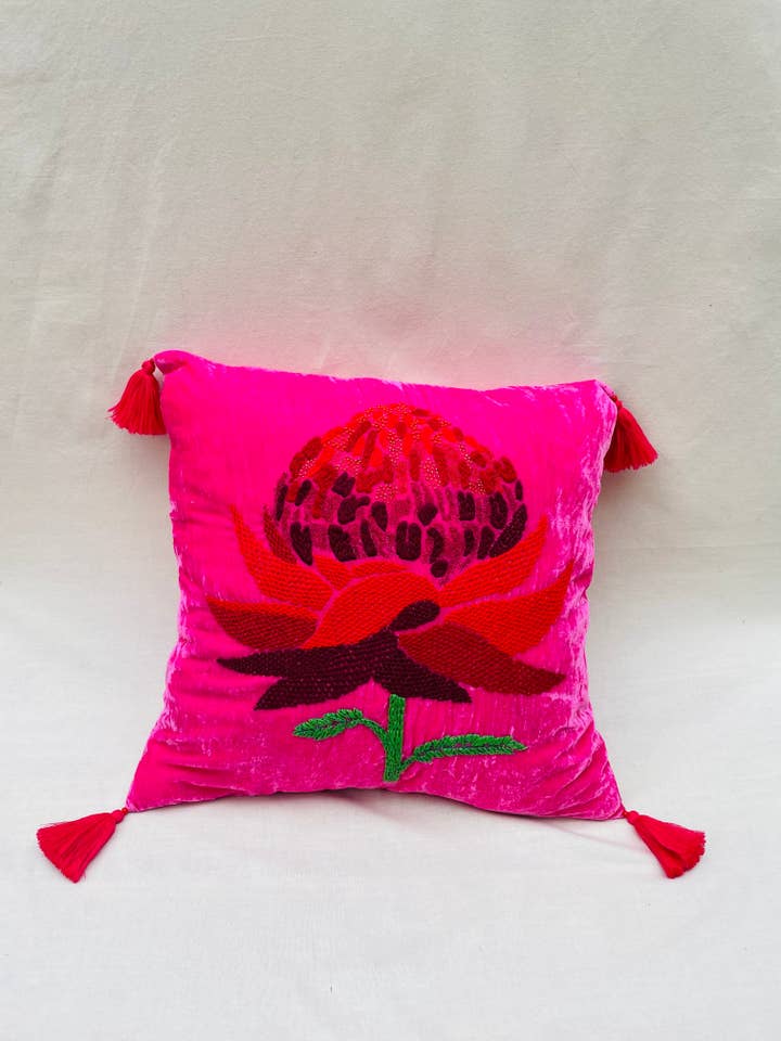 Fuchsia Hand-Embroidered Flower Throw Pillow Cover for wholesale by Roopa Pemmaraju