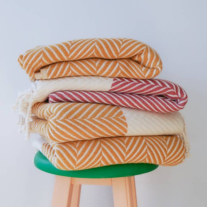 Chevron pattern natural cotton throw blanket- Mustard for wholesale by Living Roots