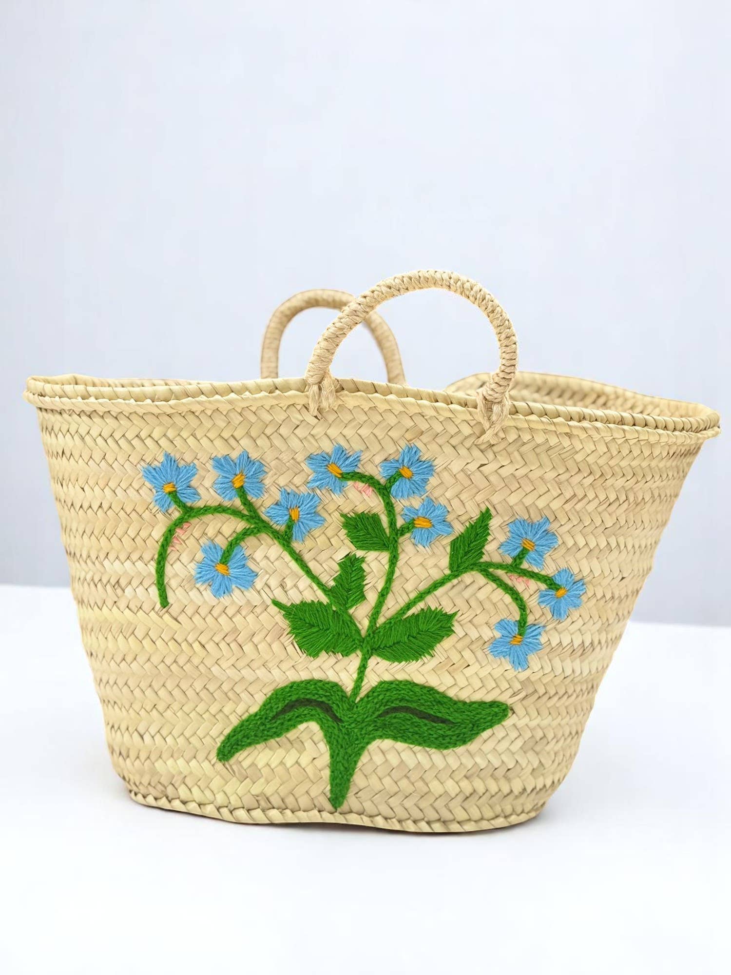 Gran Wholesale - Wholesale Beach Bag - Moroccan Straw Tote with Blue Floral Embroidery