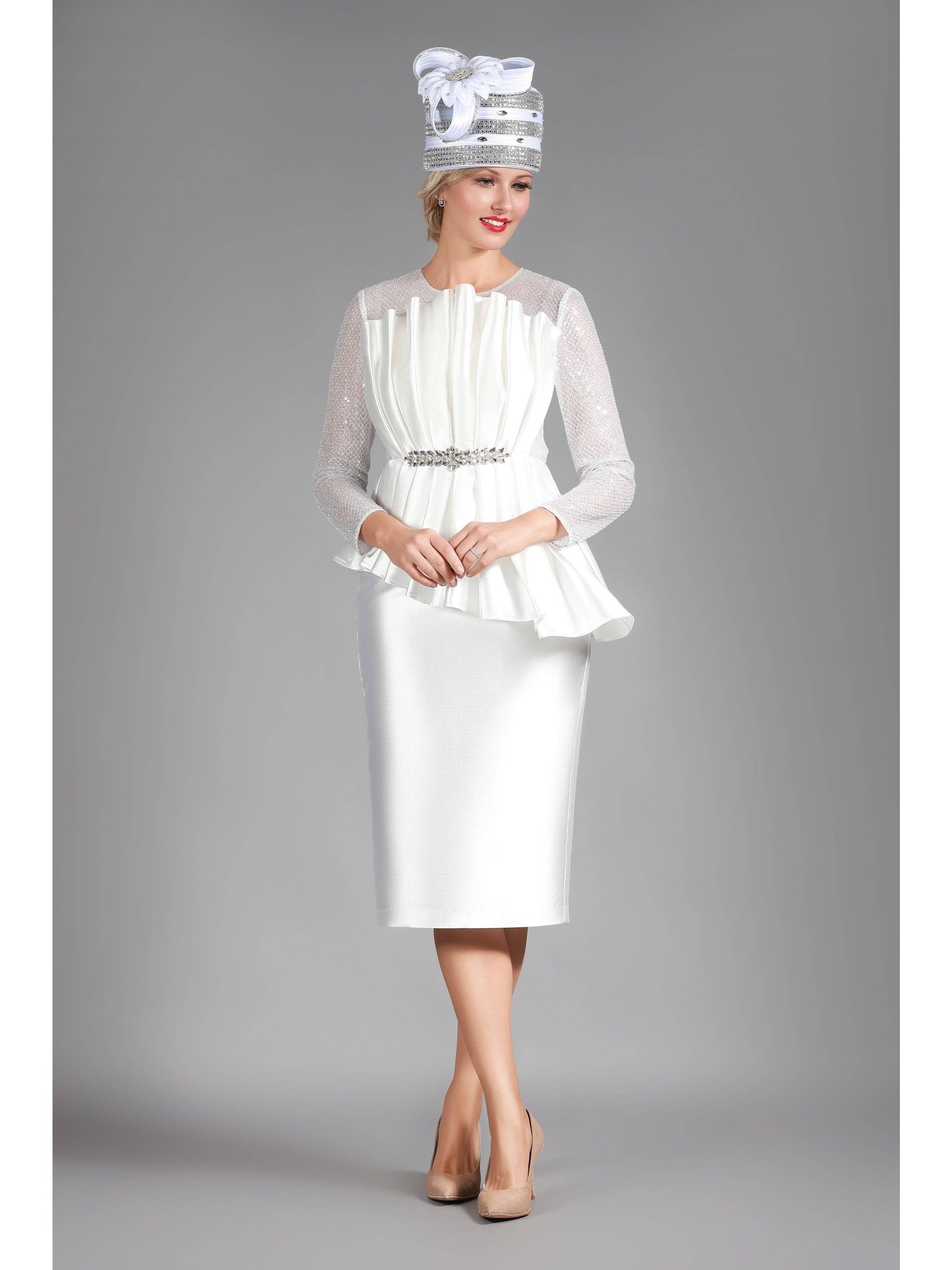 IVORY Pleated Pplm Silky Twl Drs w/ See-thru Lace Slvs for wholesale on Faire1