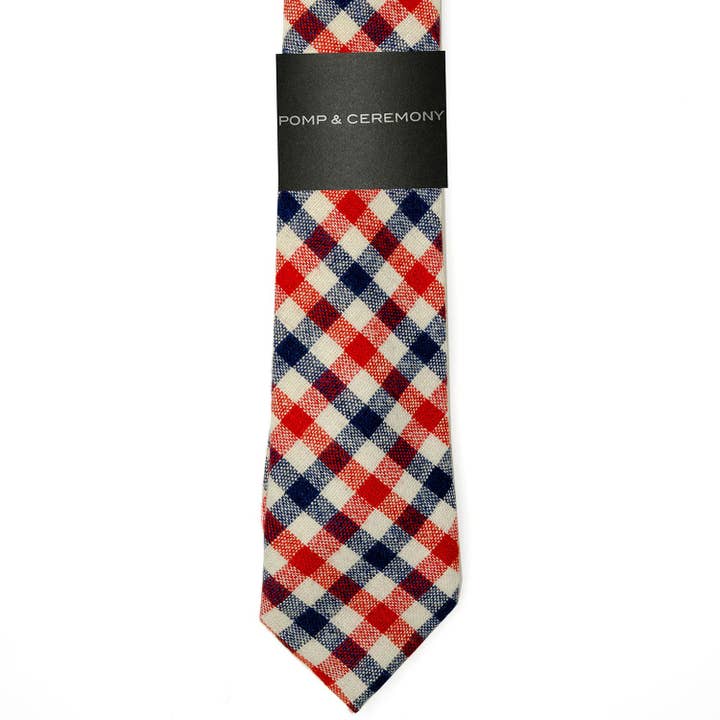 Red & Blue Check Wool Tie for wholesale by Pomp & Ceremony