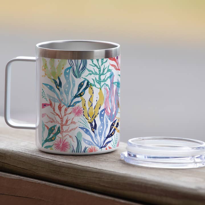 CounterArt/Highland Home/Thirstystone/CoasterStone - Wholesale Coffee/tea cup - "Coastal Coral" Stainless Steel Mug w/Lid 12 oz.1