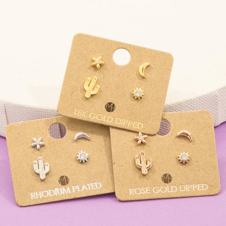 Gold Dipped Mini Cactus Flower Stud Earrings Set for wholesale by Fame Accessories