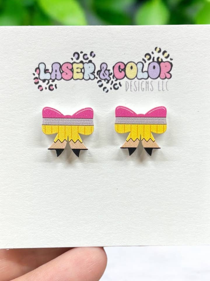 Teacher Earrings, Pencil Earrings, Pencil Bow Earrings for wholesale by Laser & Color Designs LLC