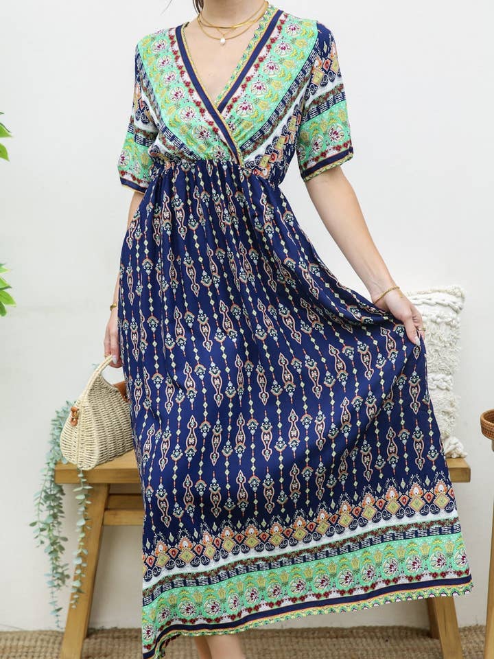 Surplice Neck Bohemian Maxi Dress for wholesale by Anna Kaci Wholesale