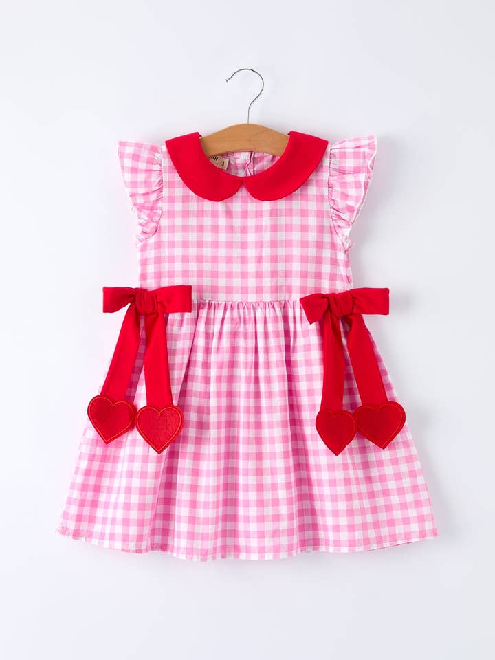 Valentine Pink Plaid Girls Dress with Red Hearts and Bows for wholesale by Rylee Faith Designs
