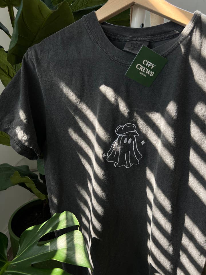 City Crews Apparel - Wholesale T-Shirt - Women's - Cowboy Ghost Tee, Embroidered Ghost Shirt, Fall Tshirt0