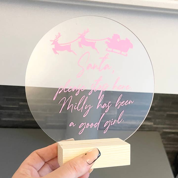 Santa Please Stop Here Custom Name Christmas Acrylic Plaque Sign With Wooden Base for wholesale by WinsterCreations™