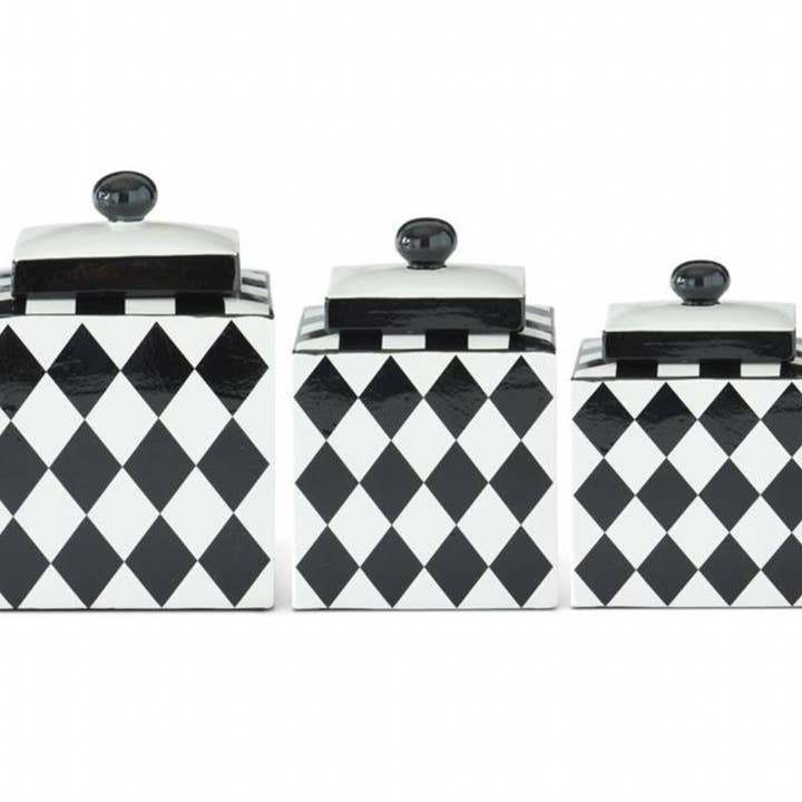 Sæt med 3 kongelige firkantede sort-hvide harlekinbeholdere med låg for engroshandel hos Dunn Deals