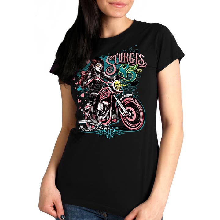2025 Sturgis Motorcycle Rally Pink Lady Black Ladies Tee for wholesale on Faire