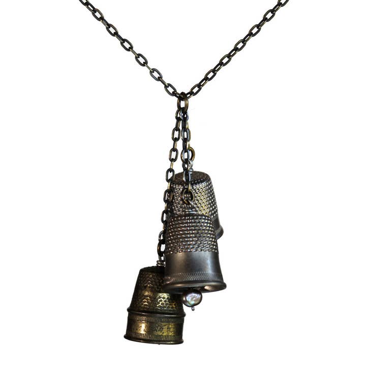 Amy Pfaffman Jewelry - Wholesale Pendant/Charm Necklace - Salvaged thimble cluster necklace on brass patina chain