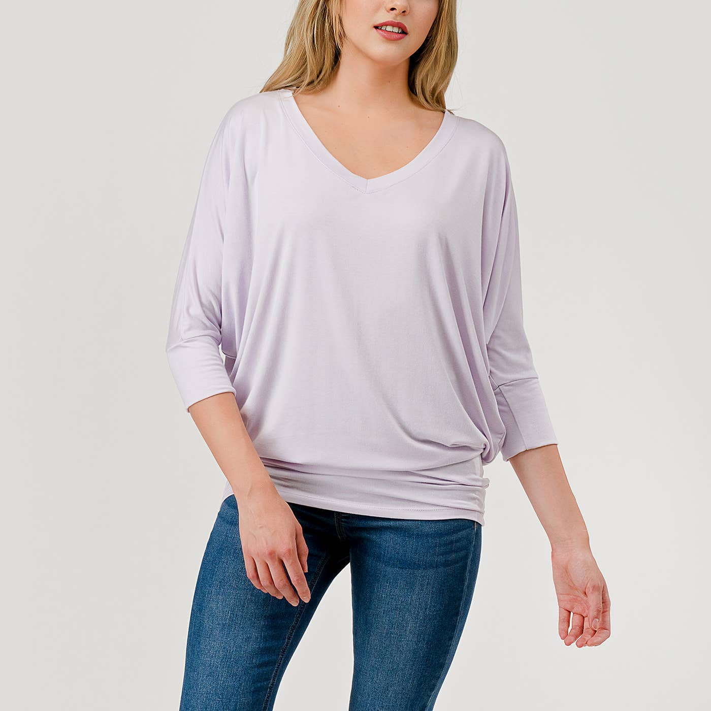 Heimious - Wholesale Knit Top - Women's - 3/4 Dolman Sleeve V-neck Modal Jersey Top, 257379
