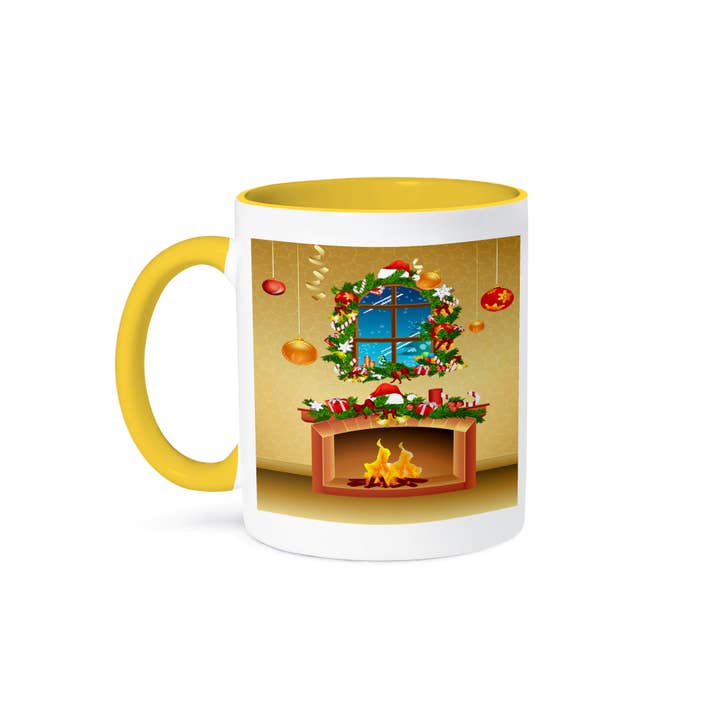 3dRose - Wholesale Coffee Mug - 3dRose, Christmas Scene In A Living Room With A Fireplace and Wreath Decorated Window, Mug