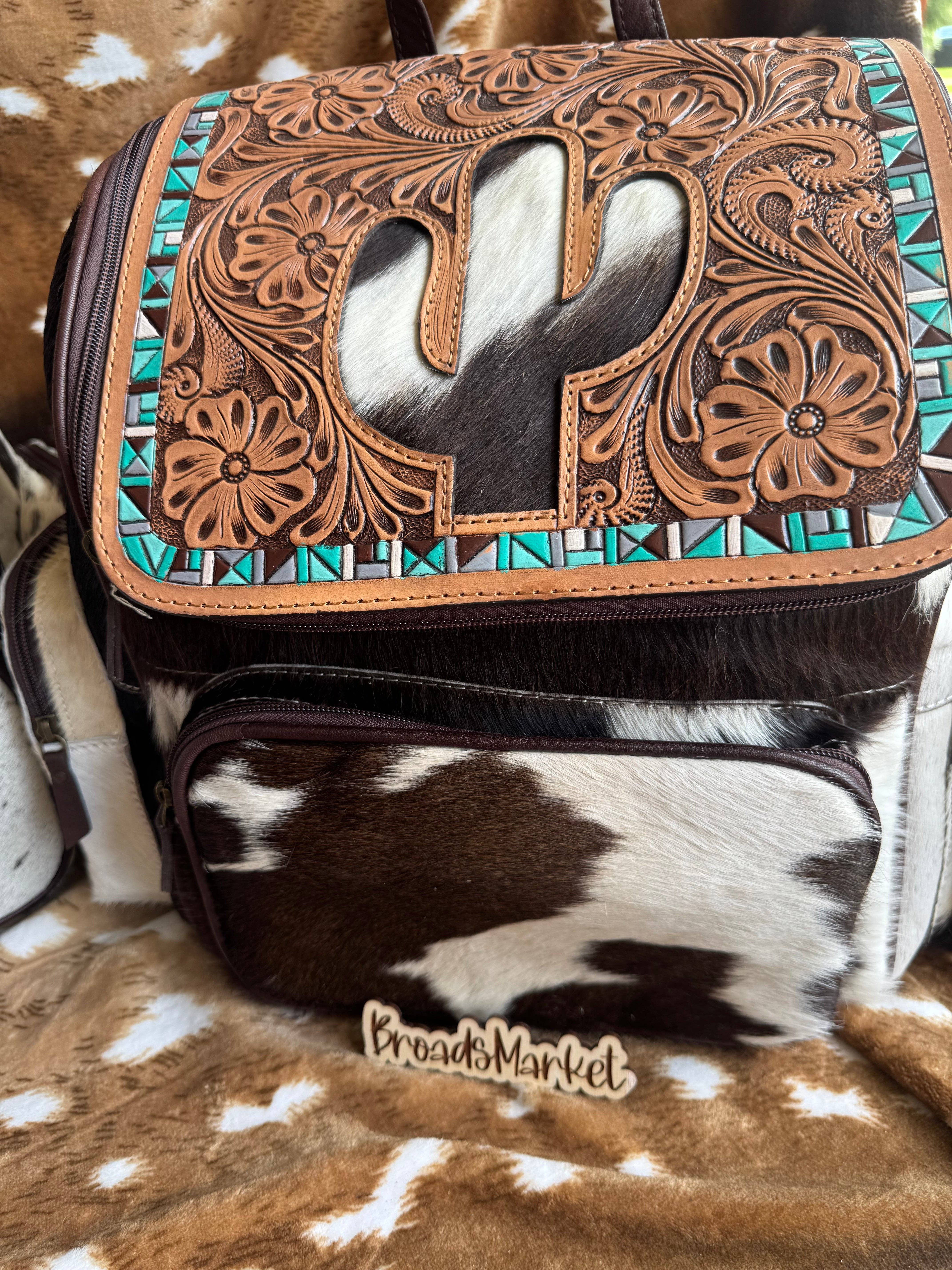 Broads Market - Wholesale Backpack - Women's - Cactus Tooled Leather & Cowhide Backpack1