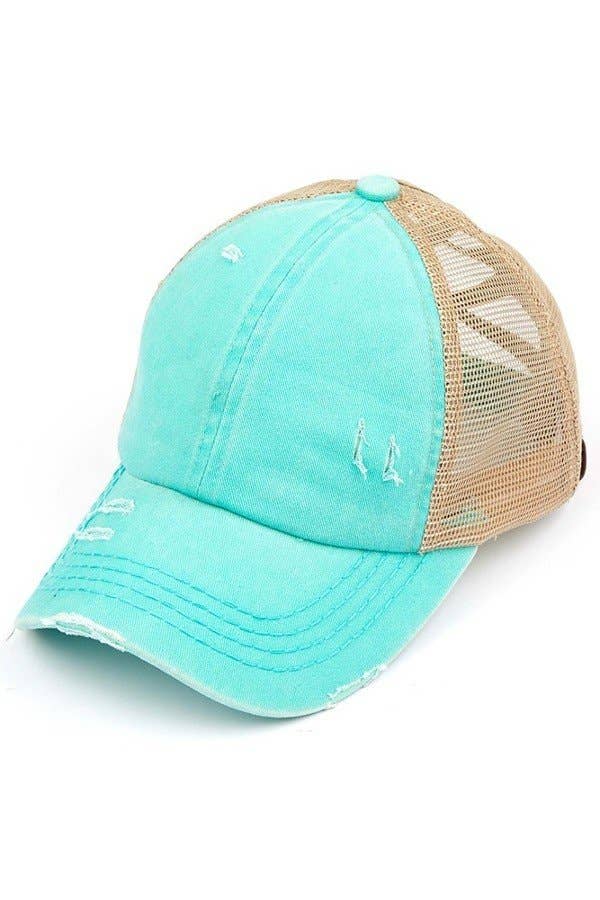 Hana - Wholesale Ponytail Cap - Women's - C.C Washed Denim with Crossed Elastic Band Mesh Pony Cap11