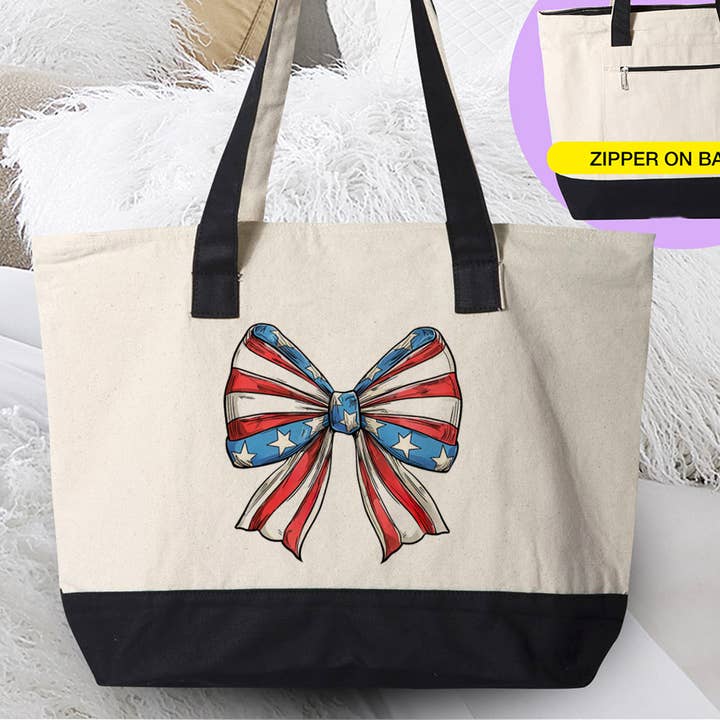 4th of July Coquette Bow American Flag - Canvas Tote for wholesale by House Of Rodan