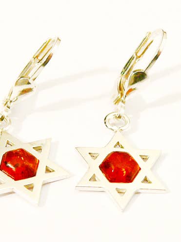 Jewish Star Silver Earring With Cognac Amber for wholesale by Mia's Polish Treasures