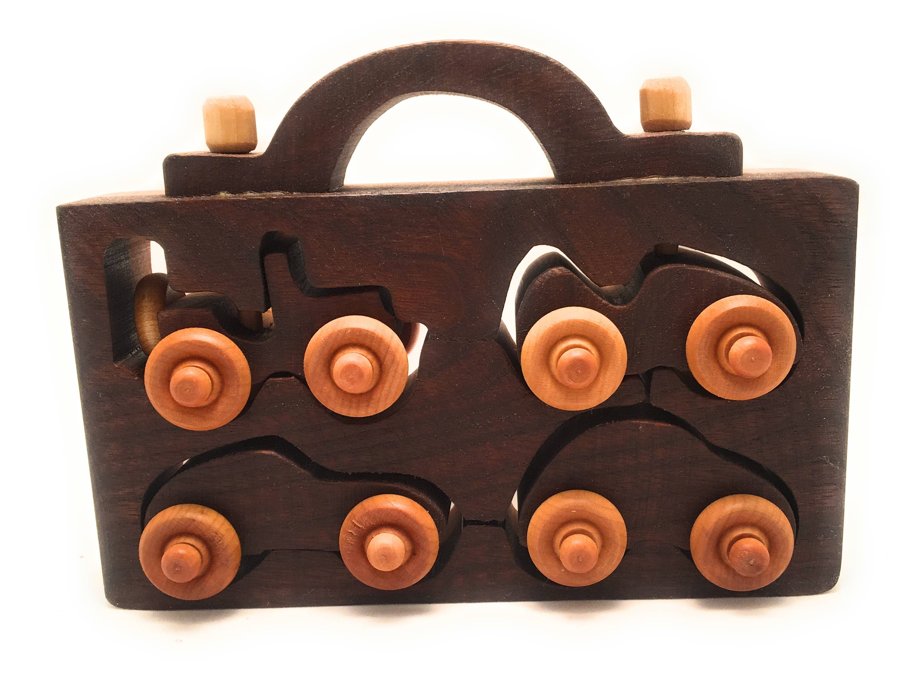 Baldwin Toy Co. – Großhandel Spielzeugauto – Kinder – 4er-Set Spielzeugautos aus Walnuss- und hellem Holz mit Tragekoffer2