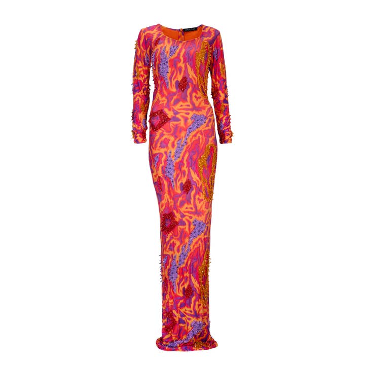 Robe Maxi Zusi (Coucher de soleil Sienne) pour la vente par Onalaja