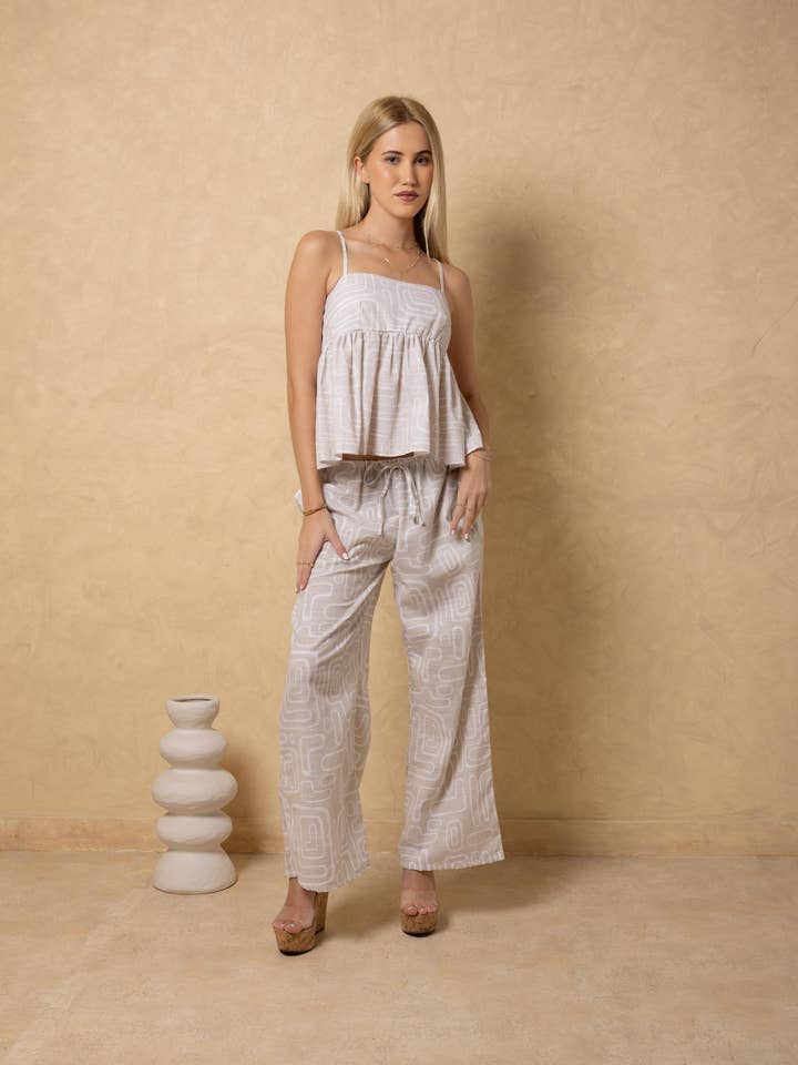 NW2063 - Top Babydoll in Cotone con Stampa a Righe Beige Chiaro per la vendita all'ingrosso da parte di Seaspice Resort Wear