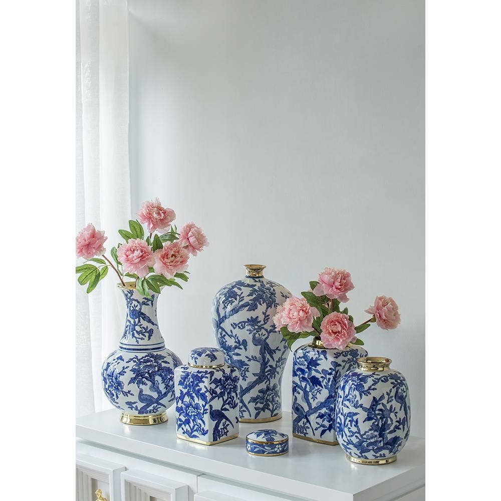 A&B Home Group Inc. - Wholesale Vase - D7.5x10.5" Blue & White Chinoiserie Vase w/ Gold Accents6