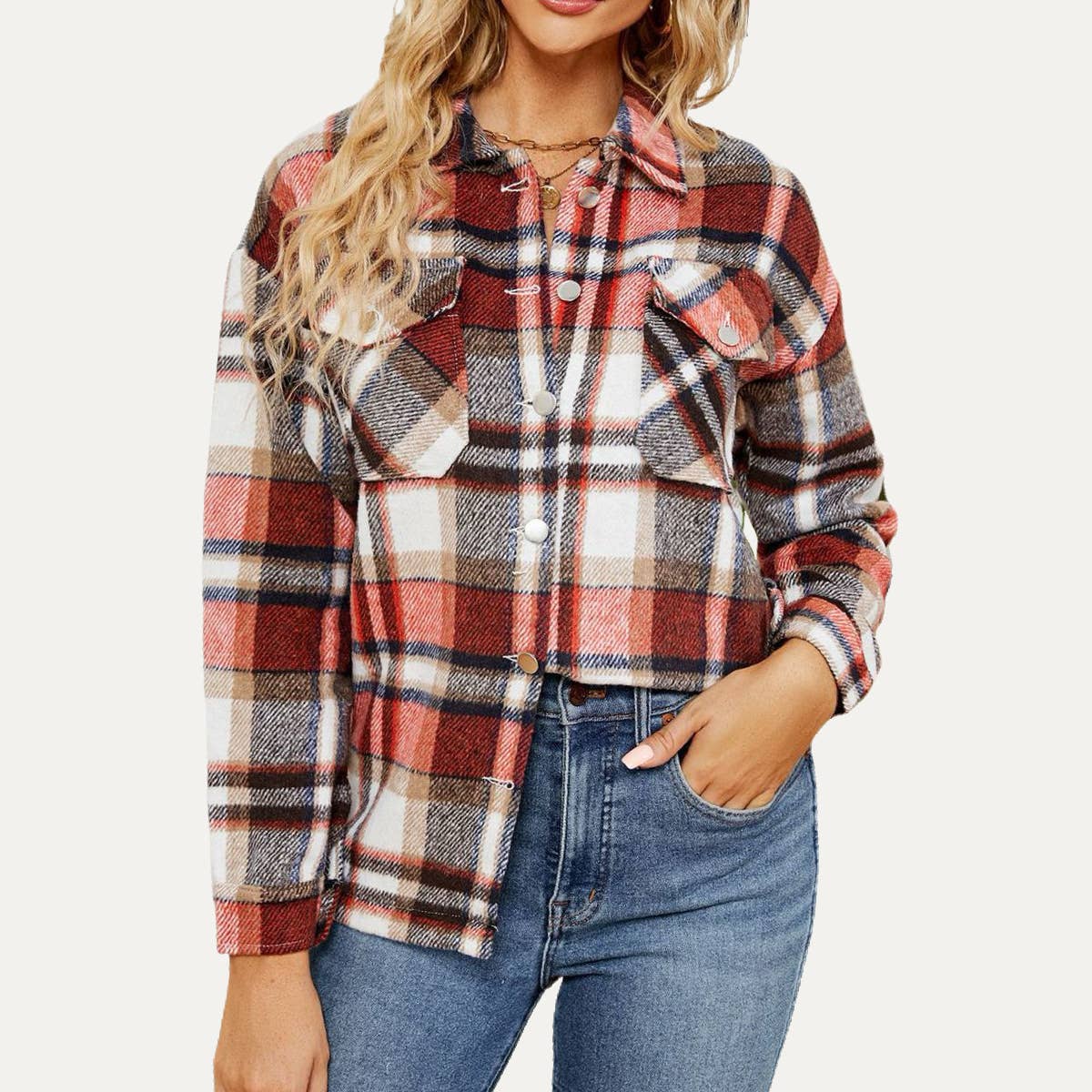 The Moment Collection – wholesale Shirt Jacket/Shacket - Women’s – Never Outdated Multicolor Plaid Pattern Button-Up Shacket4