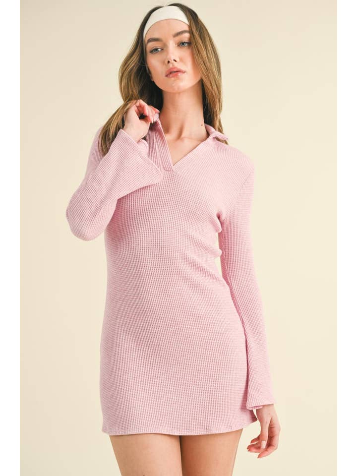KIMBERLY C - Wholesale Dress - Women's - Waffle Knit Collared Bell Sleeve Dress