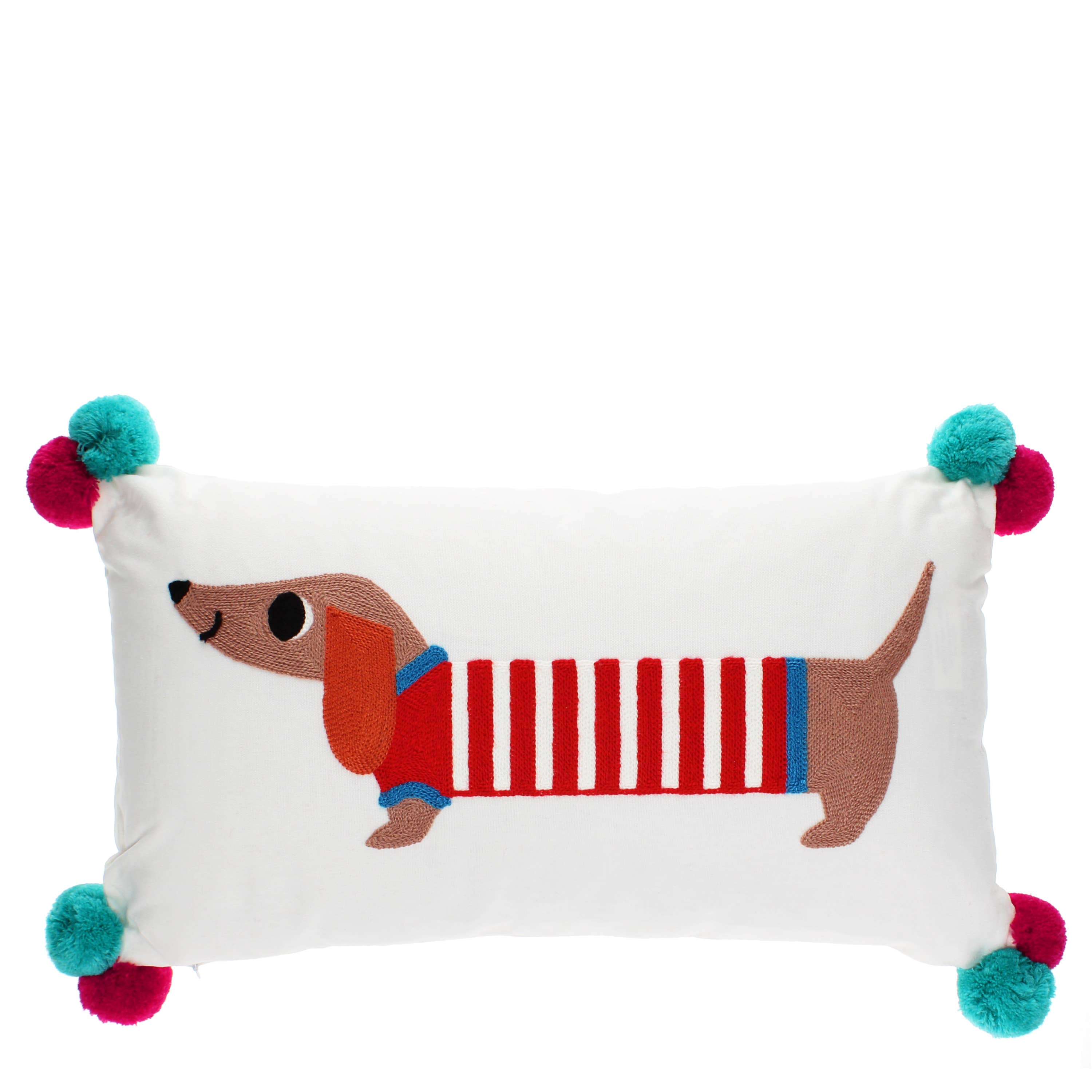 Rex B2B - UK - Vente Oreiller/coussin - Enfant et bébé - Coussin brodé avec pompons - Chien saucisse1