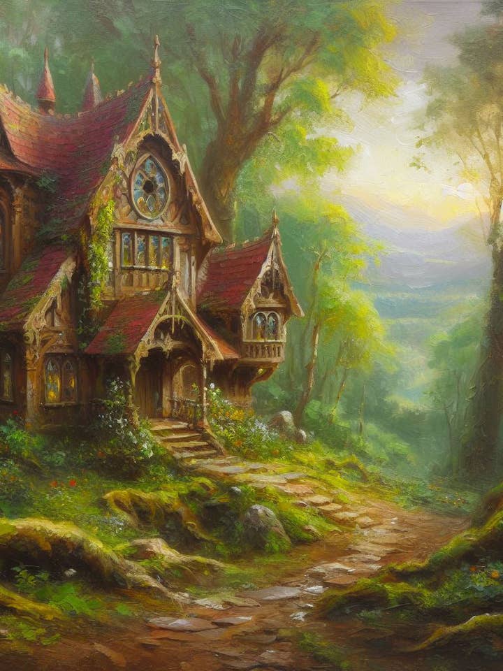 Maison dans une forêt fantastique Peinture à l'huile pour la vente par Keep Calm Collection