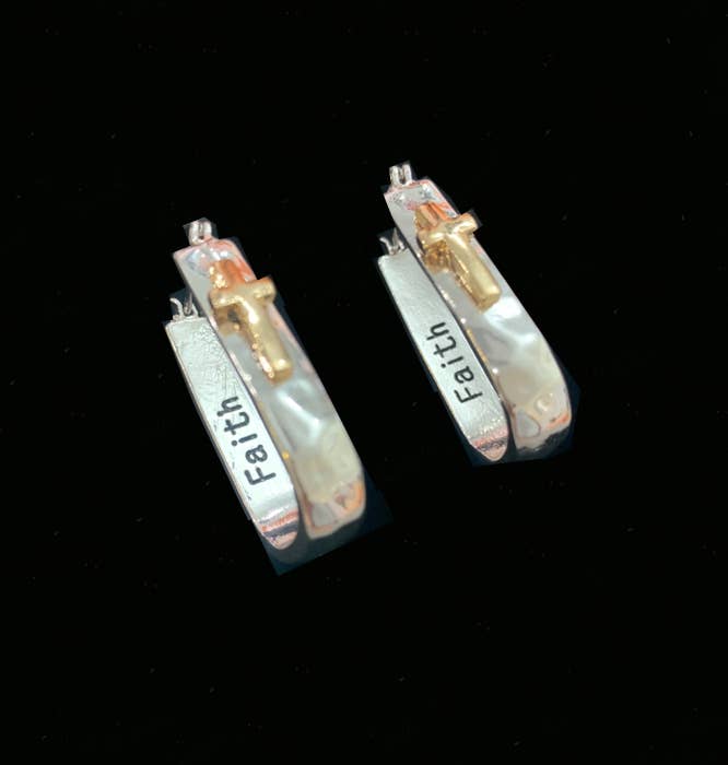 0011 PREMIERE - Wholesale Hoop Earrings - FR2437 FAITH_Two Tone Overhanging Cross Metal Hoop Earrings