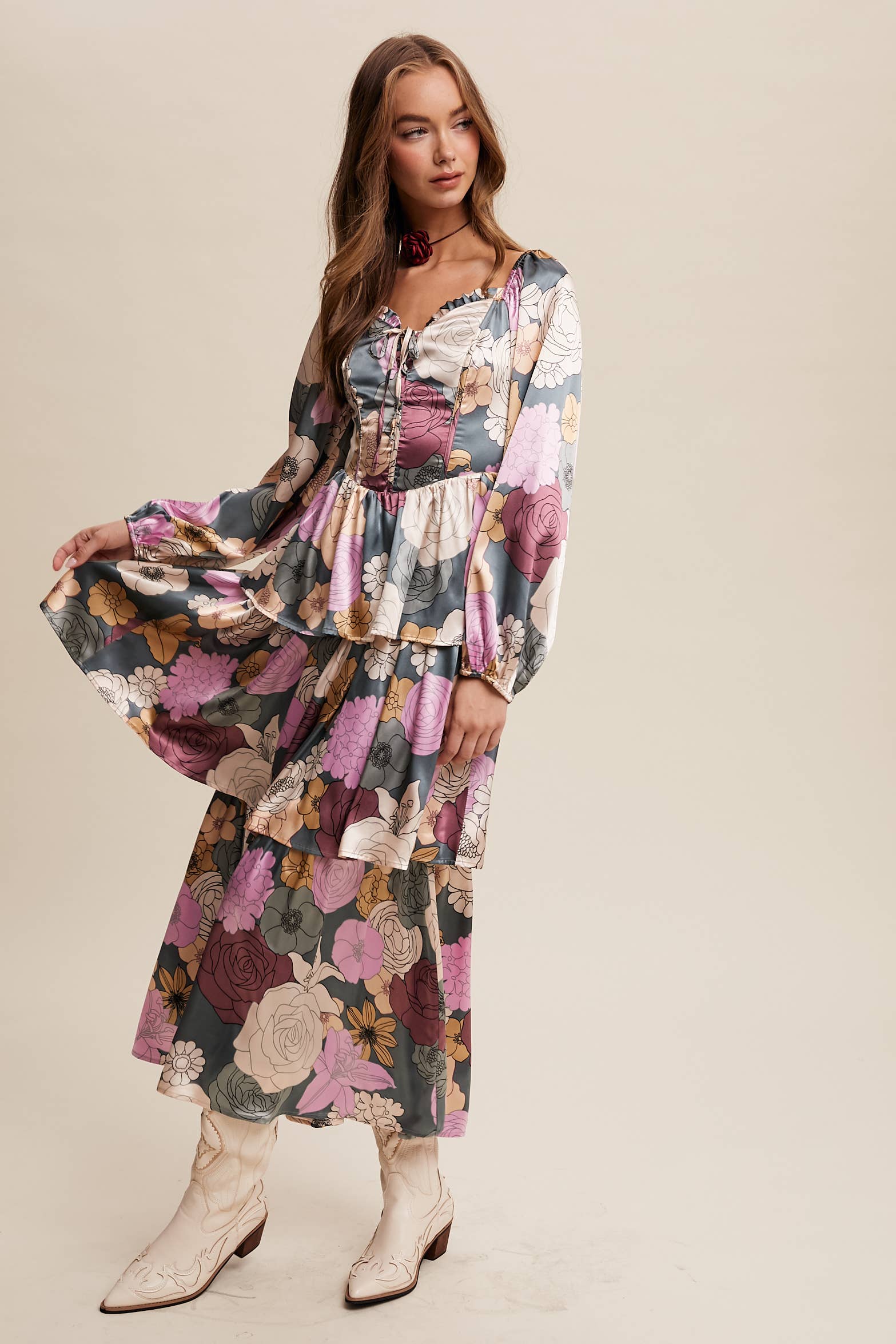 Listicle - Wholesale Dress - Women's - Floral Lace-Up Tiered Maxi Dress LD14483