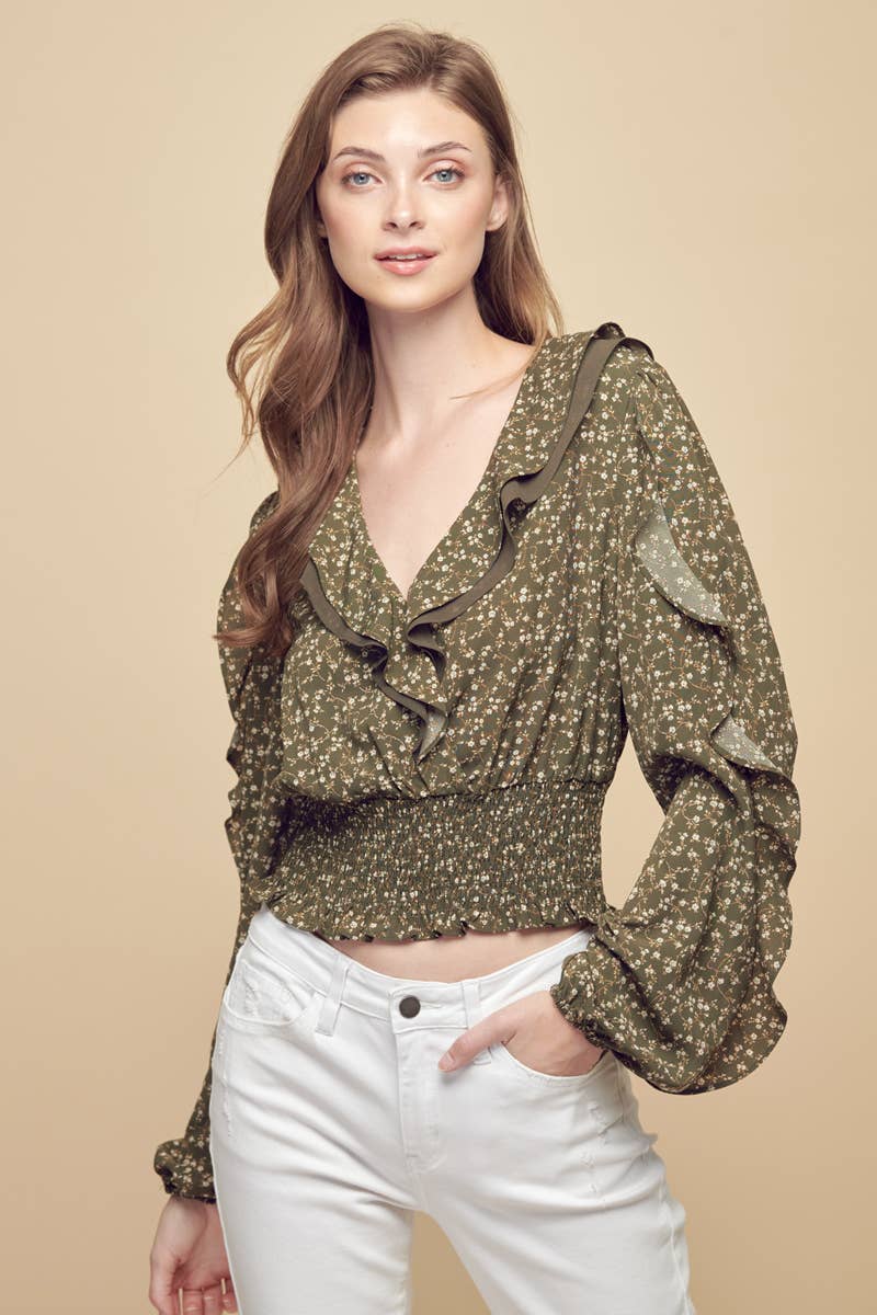 Petal Dew - Vendita all'ingrosso Camicetta - Donna - BLUSA FLOREALE TOP SMOCKING CROPPED INCRESPATO - P000300