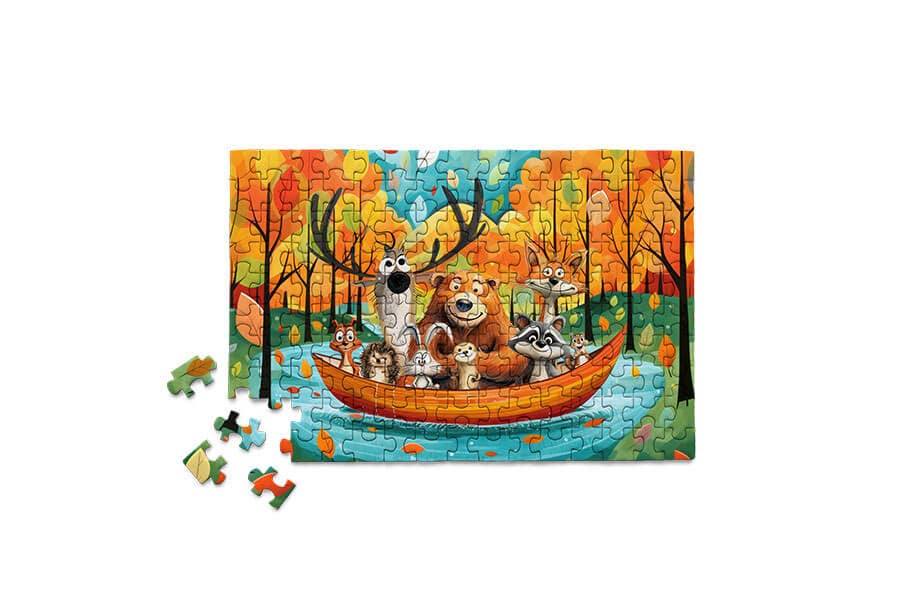 Micro Puzzles - Vente Puzzle – adulte - Canoë Créatures - Cerf, Raton laveur, Écureuil camping d'automne2