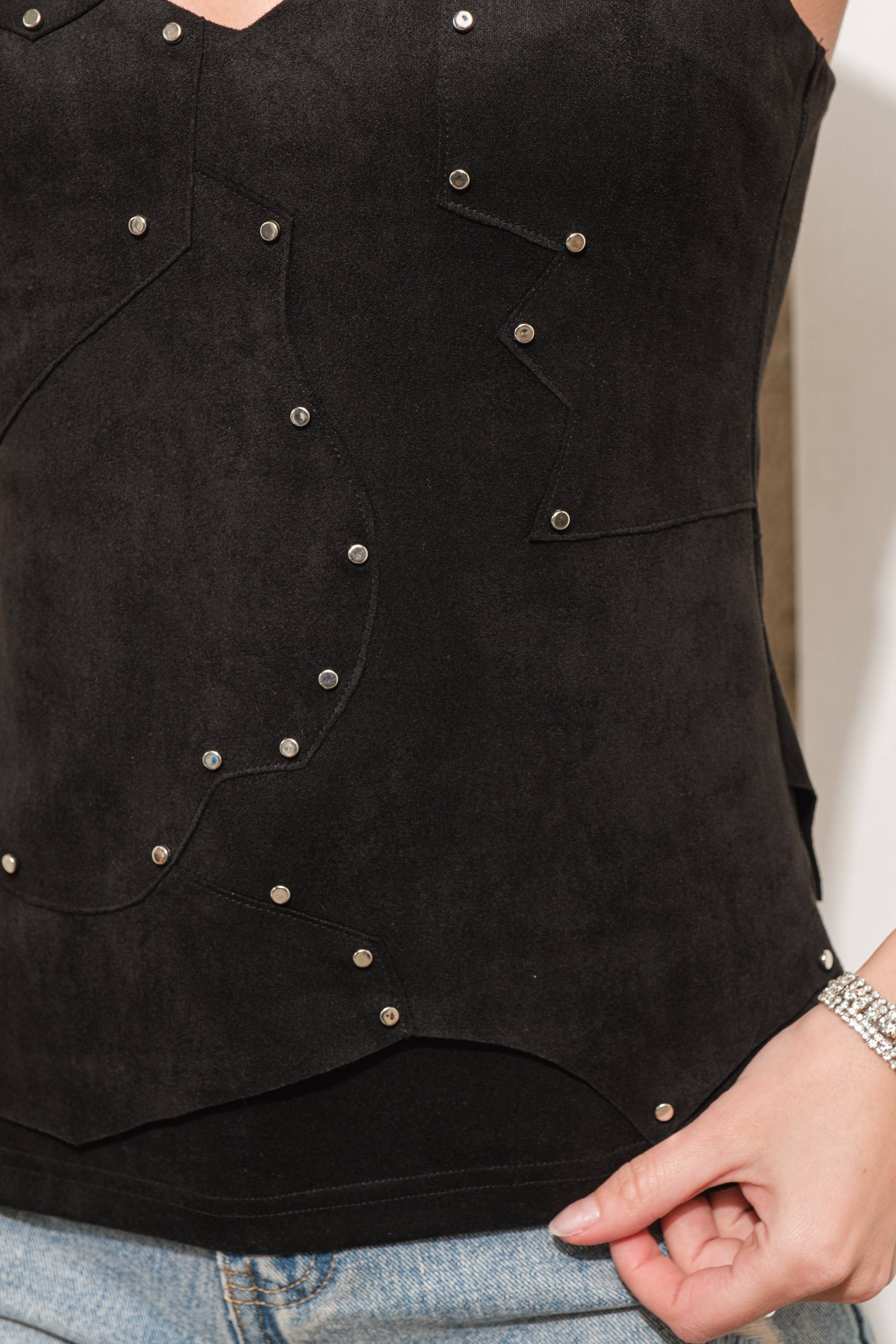 BLACK 34573T-Suede Geo Patchwork Studded Detail Cami Top for wholesale on Faire4