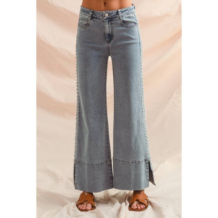 IVE - Wholesale Pants - Women's - Mid Rise Flare Bottom Denim Jeans With Side Pearl7