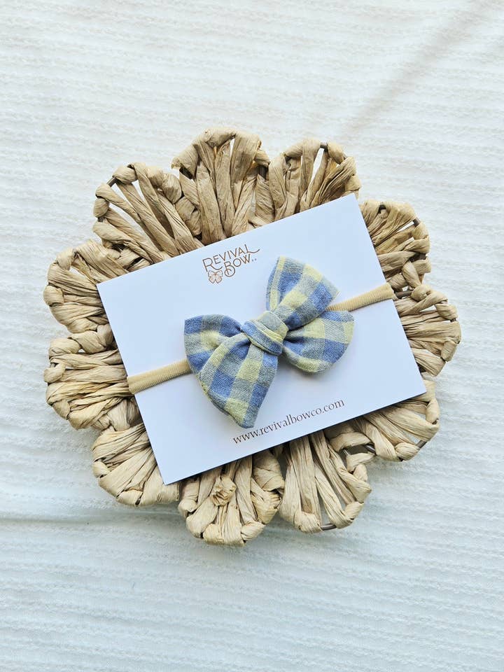 Small Handtied Bow / Blue Yellow Gingham /Summer Bow for wholesale by Revival Bow Co.