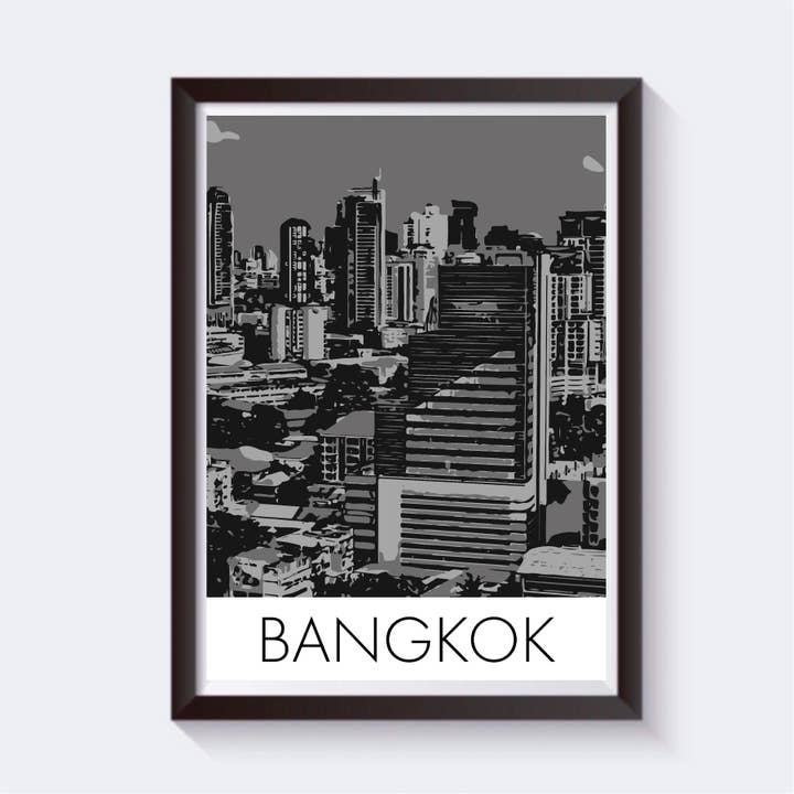 Bangkok, Thailand Greyscale Travel Artwork Print - 6 sizes for wholesale by 2 Sisters