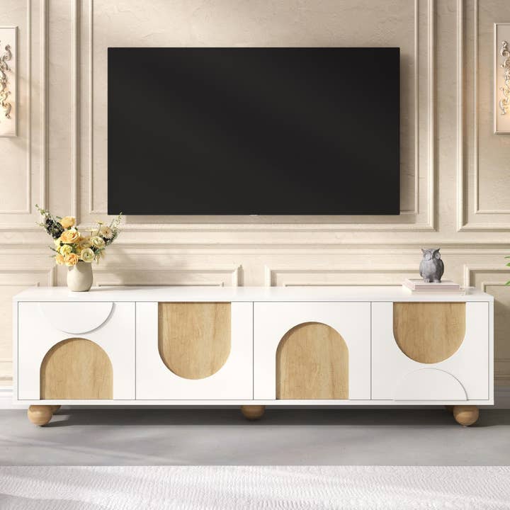 HOMYCASA DESIGN INC - Wholesale Console Table - Farmhouse TV Stand with Cable Holes for TVs up to 75', Cream Style Media Console with Rebound Device, Elegant Entertainment Center with 5 Solid Wood Legs for Living Room, Bedroom, White, 69.6'W1