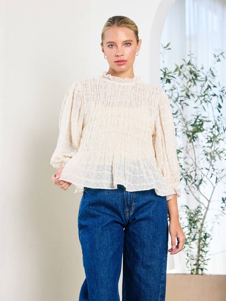 CREAM Romantic Smocking Blouse - RT1119 for wholesale on Faire