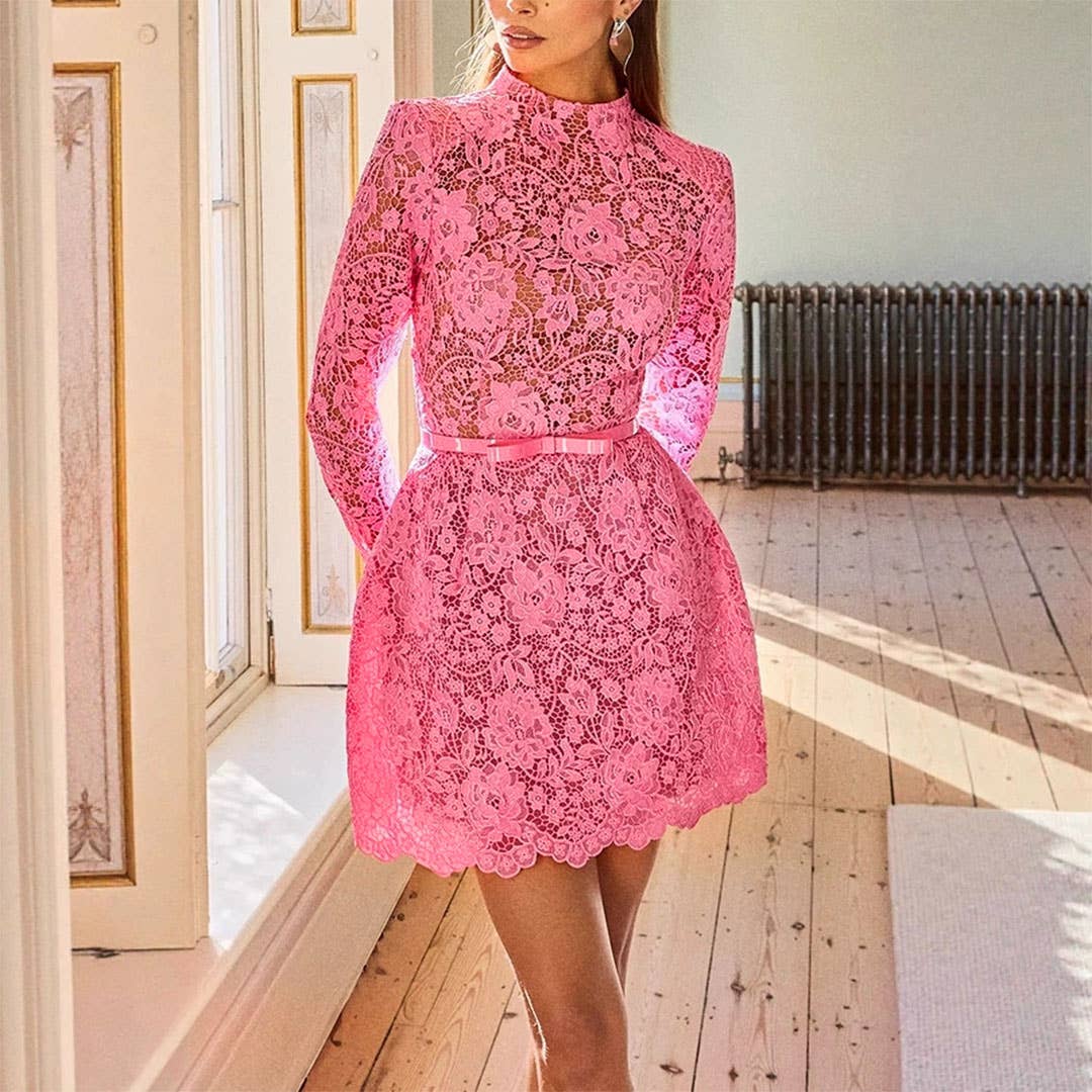 Roze Kanten Transparante Uitholling Taille Slank Lange Mouwen Jurk JRM161 voor groothandel op Faire0