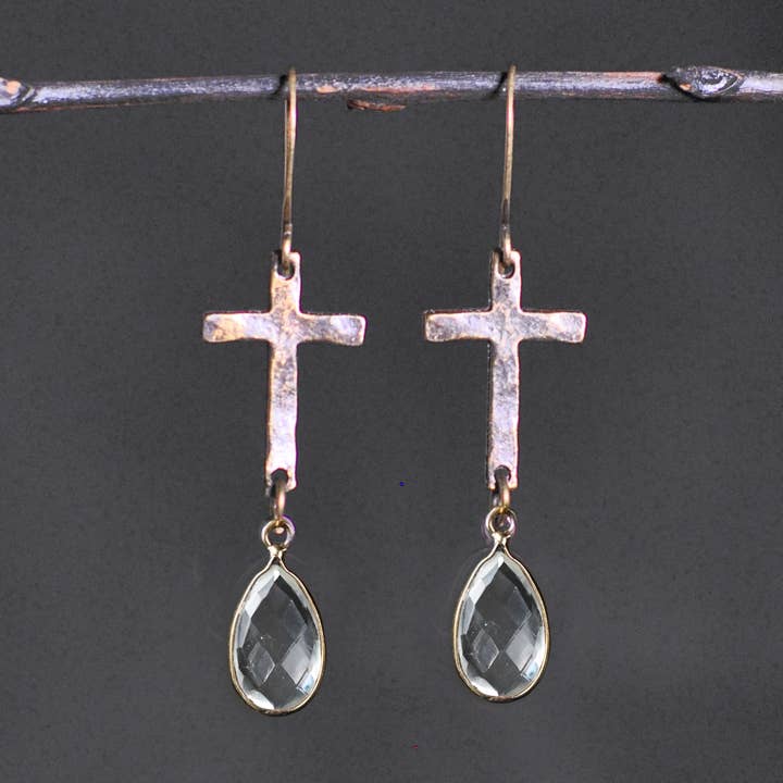 Hammered Brass Cross Crystal Tear Drop Earrings for wholesale by KBD Studio