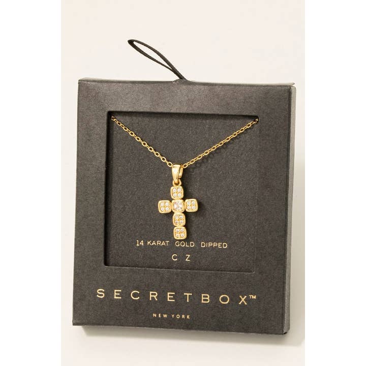 Gold Dipped Cz Pave Square Cross Pendant Necklace for wholesale by Fame Accessories