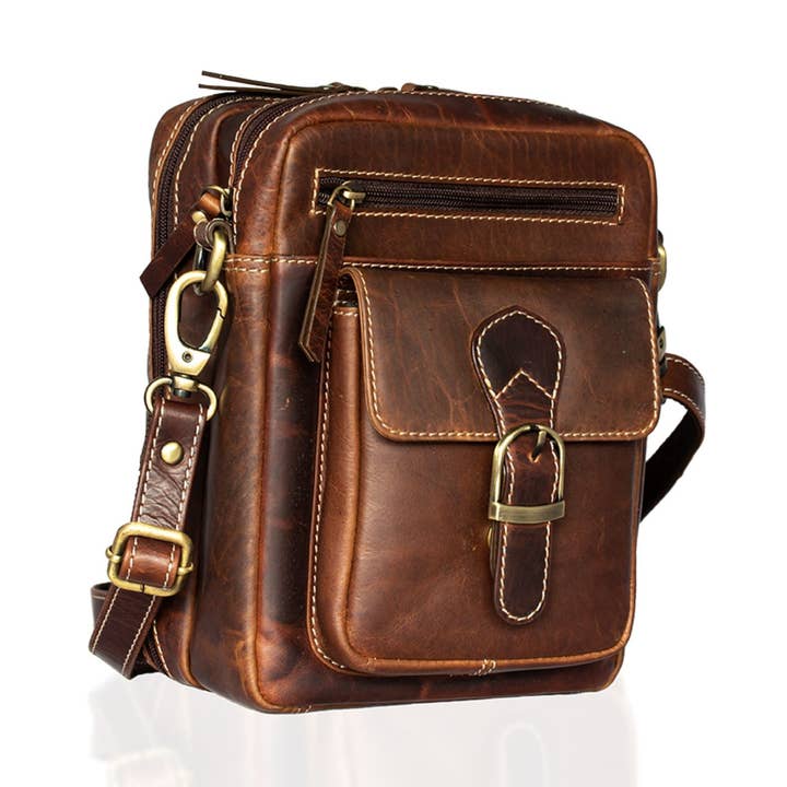 Borsa da uomo in pelle marrone cerata PRIMEHIDE a tracolla - 11884 per la vendita all'ingrosso da parte di PRIMEHIDE