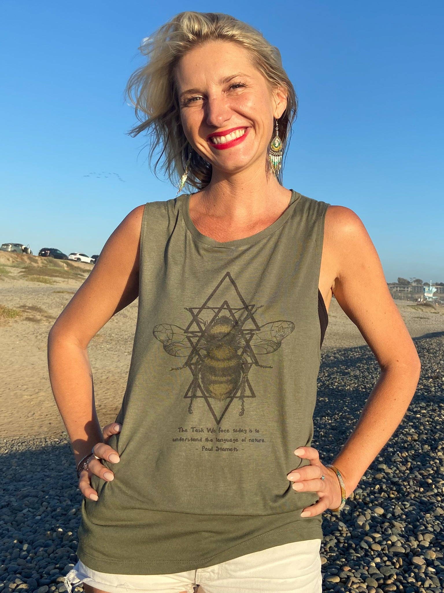 Third Eye Threads - Wholesale Screen Printed T-Shirt - Women's - Paul Stamets Sacred Geometry Bumble Bee Boyfriend Tee3