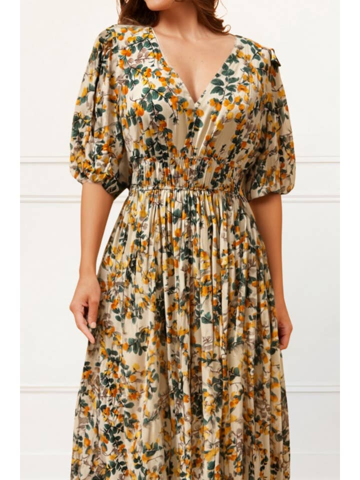 Beige Sophie Maxi Dress Fit & Flare Citrus Print for wholesale on Faire