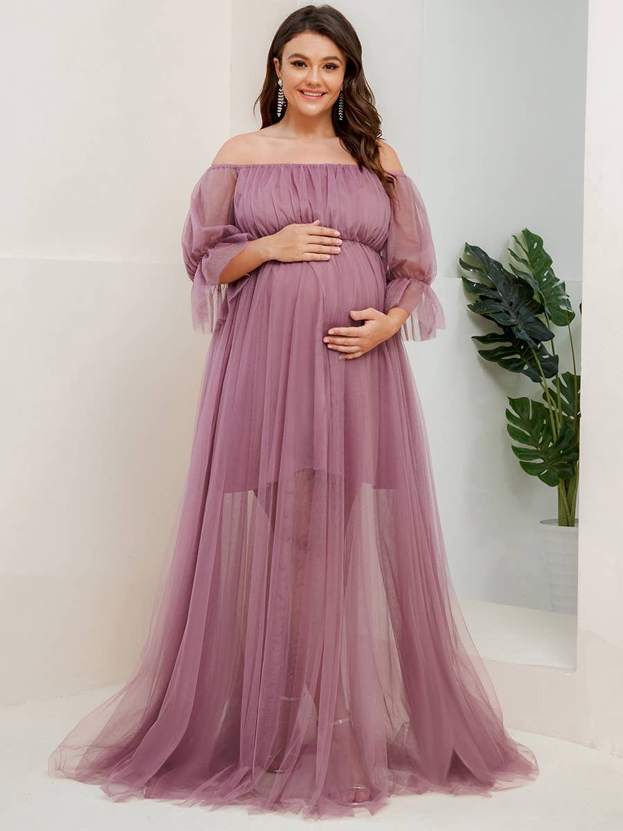 Ever-Pretty - Wholesale Dress - Maternity - Plus Size Puff Sleeves Mesh Maternity Dress9