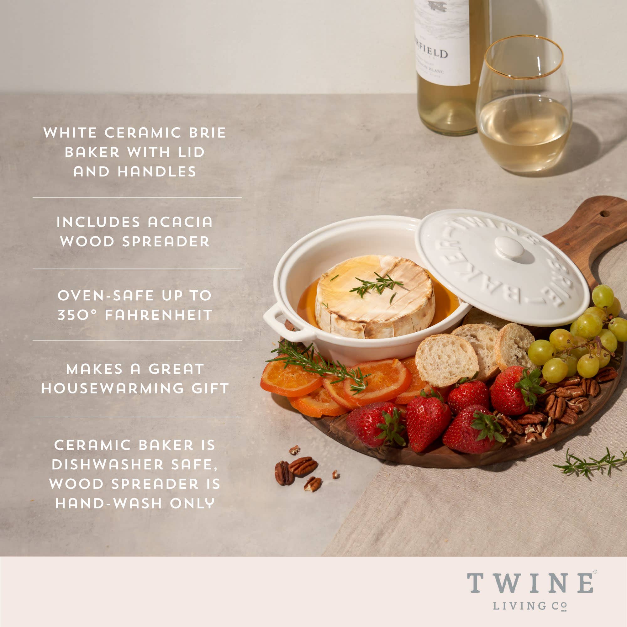 Twine - Wholesale Baking Dish - White Ceramic Brie Baker and Lid with Acacia Spreader4