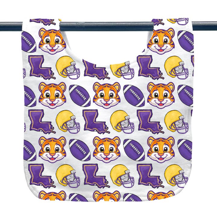 Purple and Gold Baby Tiger Football Baby Bib-New Arrival for wholesale by Home Malone